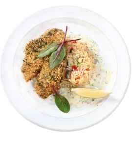 Tilapija parmezano ir žalumynų plutelėje